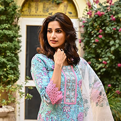 Image of Royal Export Women Sky Blue Floral Printed Kurta Pant Dupatta Set | Cotton Blend Ethnic Suit Set for Women | Straight Kurti with Palazzo & Printed Dupatta | Festive, Casual & Office Wear ||