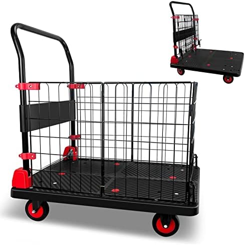 Platform Truck Cart with Cage, Foldable Push Cart Dolly 880lb Capacity w/ 5'' TPR 360 Degree Swivel Wheels, Heavy Duty Moving Portable Hand Trucks for Warehouse, Groceries, Garage