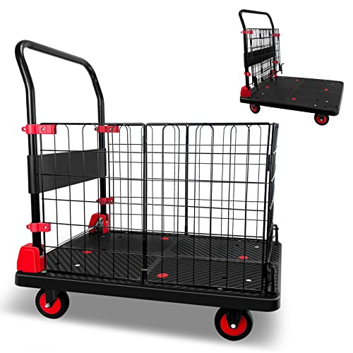 Platform Truck Cart With Cage, Foldable Push Cart Dolly 880Lb Capacity W/ 5'' Tpr 360 Degree Swivel Wheels, Heavy Duty Moving Portable Hand Trucks For Warehouse, Groceries, Garage #TOP2