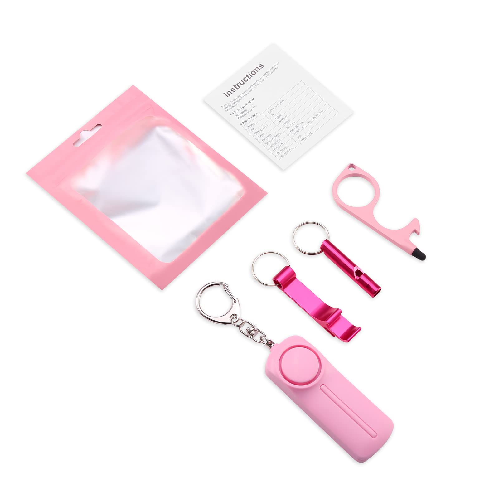 Lot de 4 alarmes personnelles avec alarme personnelle - Accessoires de porte-clés de sécurité pour femme, ensemble de porte-clés d'autodéfense avec alarme personnelle, rose