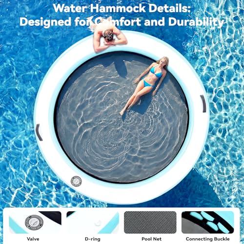Danrelax 12' Round Inflatable Floating Dock, Sunchill Float Ring, Hammock Tanning Pool with 4in Woven Fabric, Manual Pump for 1-2 Min Quick Inflate/Deflate, Fits 2-8, Ideal for Lakes, Pools, Oceans by Danrelax - Used condition - Image 4