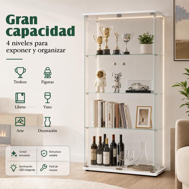 Vitrina de Cristal con LED y Cerradura, Armario Vitrina 78,5 x 35 x 163 cm, Vitrinas de Exposición de 4 Niveles con Estantes Regulables, Mueble Vitrina para Salón, Oficina, Figuras y Libros,Blanco-D