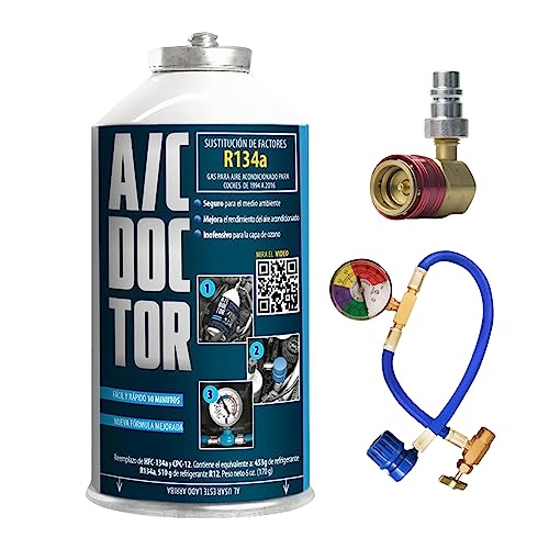 AC DOCTOR Kit Gas Refrigerante Orgánico Ecológico sustituto del R134a para recarga aire acondicionado de coche de 1995-2016 y manguera con manómetro y adaptador HP LP Alta/Baja Presión