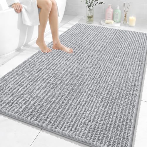Image of OLANLY Bathroom Rug Mat 59x35, Thick Soft and Absorbent Chenille Bath Mat, Non-Slip Rubber Backing, Machine Washable Quick Dry Bath Rugs for Tub Shower Floor, Home Decor Accessories, Light Grey