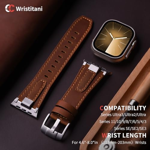 Image of Wristitani Leather Bands Compatible with Apple Watch Band 49mm 46mm 45mm 44mm for Men, Metal Connector & Genuine Leather Straps for iWatch Ultra3 /2 /1 SE3 /2 /1 Series 11 10 9 8 7 6 5 4 [NO Watch and Case]