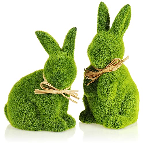 com-four® 2X Deko-Osterhase aus Keramik mit Gras überzogen - kunstvoll gefertigte Dekofiguren zur Osterdekoration - Deko-Hase in grün (2 x Hase-13 und 21 cm)