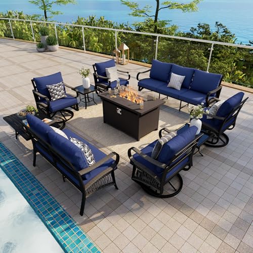Image of 10-Piece Outdoor Furniture Set, Metal Swivel Rocking Chairs with All-Weather Cushions, Patio Conversation Set with Fire Pit Table for Deck, Porch, Garden, Backyard, Poolside (Blue Cushions)