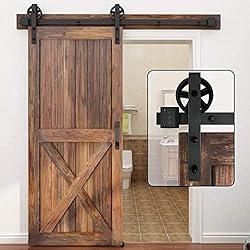 WINSOON 200cm Herrajes para puertas corredizas de granero de madera antigua Básico Negro Kit de rodillos de rueda de radios grandes Sistema de rieles de soporte para gabinete