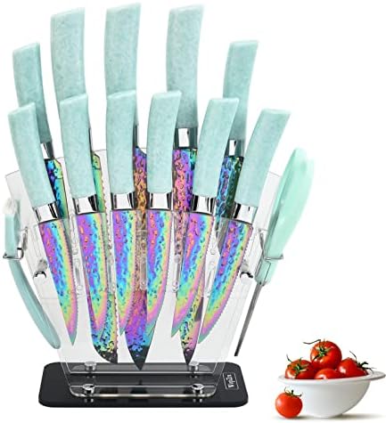 WopZra Rainbow Knife Set, Kitchen Knives Set with Acrylic Block, Thick Blade Cutlery Knife Block Set, Chef Sharp Quality for Home & Pro Use, Best Gift (Teal Handle)