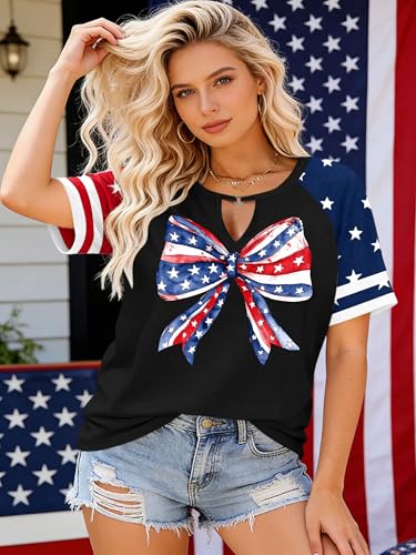 Image of Ithalt Plus Size American Flag Shirt Women Bow T Shirt 4th of July Shirts USA Patriotic V Neck Tees for Independence Day