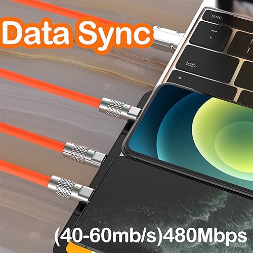Image of 120W 3 in 1 Chubby Charging Cable 6.6FT Heavy Duty Charger Cord Chubby Charging Cable Zinc Alloy Soft Silicone Compatible with Cellphone Tablets,Fast Charging Cable for Home,Office,Car(Orange)