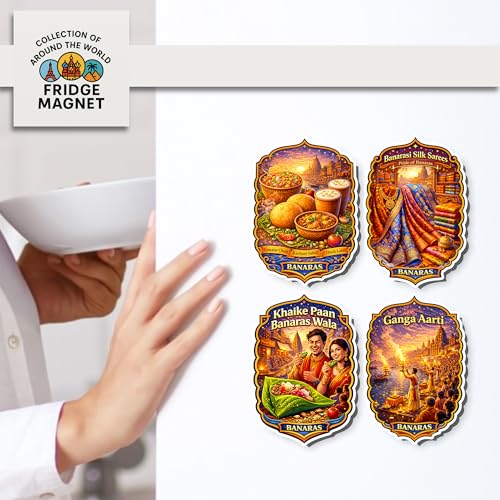 Image of Regalo Casila Banaras Tourism Souvenir Wooden Fridge Magnet Set of 4 Banarasi Food Silk Sarees Khaike Paan Ganga Aarti Refrigerator Magnets