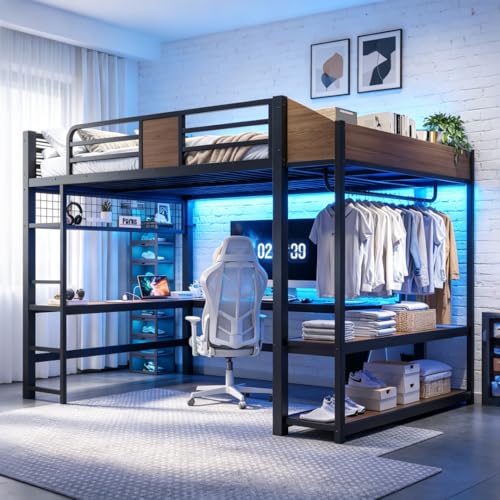 Image of Bellemave Queen Size Loft Bed with Desk and USB Ports, Clothes Hanging Rod, LED, Metal Full Loft Bed Frame for Adults, Kids, Teens, Black
