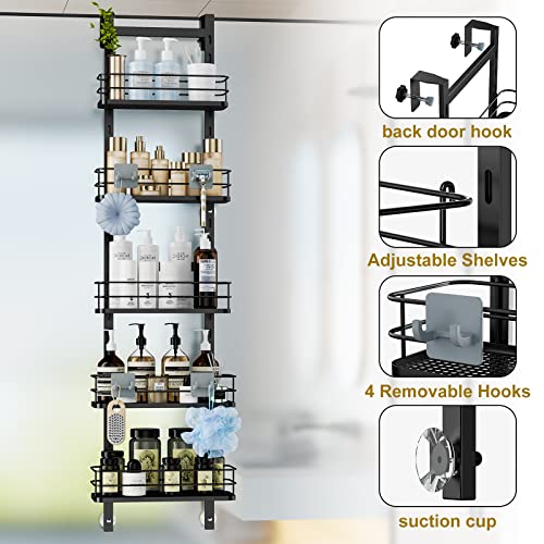 Vetacsion 44.37 Inch Height 5 Tier Adjustable Over Door Shower Shelf,Hanging Bath Oragnizer With 4 Hook,4 Suction,Metal Black #TOP2