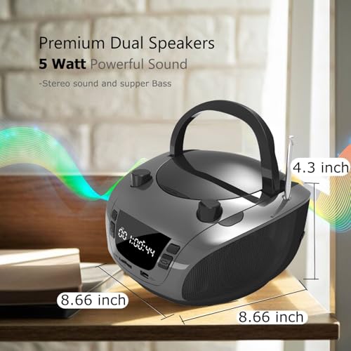 Image of LONPOO Portable CD Boombox -FM & AM Radio, CD Player, Bluetooth, USB, MP3, AUX,Portable, Built-in Stereo Speakers, Carrying Handle, LCD Display,Gray