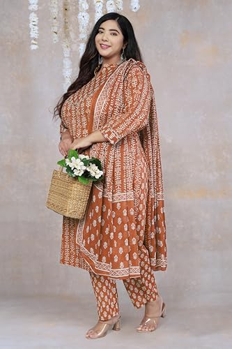 Image of MIRCHI FASHION Pure Cotton Plus Size Straight Kurta Set with Dupatta | 3 Piece Summer Ethnic Kurta Pant Set | Office Wear Salwar Suit for Women