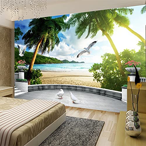 Papier peint plage 3D pour masquer un mur abime de salon
