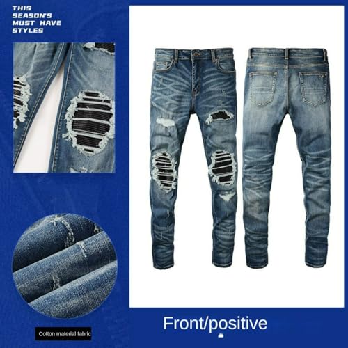 Jeans Pants Trouser Denim Men Stretch Slim Fit Street Trendy Wear Worn Hole Blue Grinding Fading Wrinkle Patch Personalized Casual Small Foot Casual(Blue,31)4