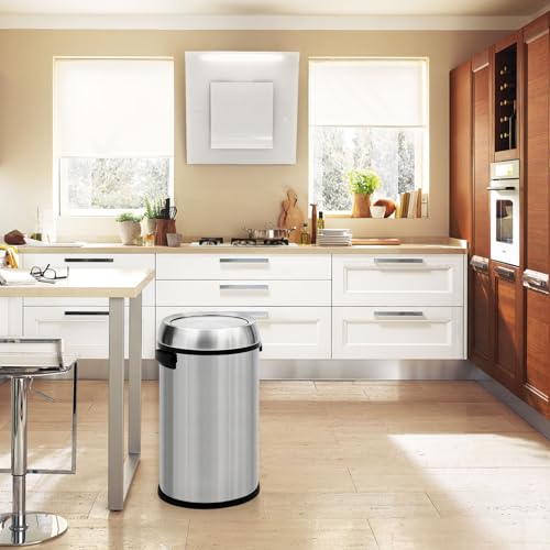 Image of 17 Gallon /65 Liter Stainless Steel Swing Top Trash Can, Heavy Duty Round Trash Bin with Swing Lid, Commercial Large Garbage Can, Ideal for Kitchen, Restaurant, Office, Silver
