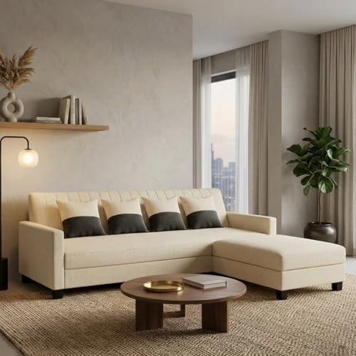 Image of Koro 5 Seater L Shape Sofa Set with Movable Ottoman | Flexible Layout | Luxury Velvet Suede Fabric | Modern Living Room Sofa | Cream
