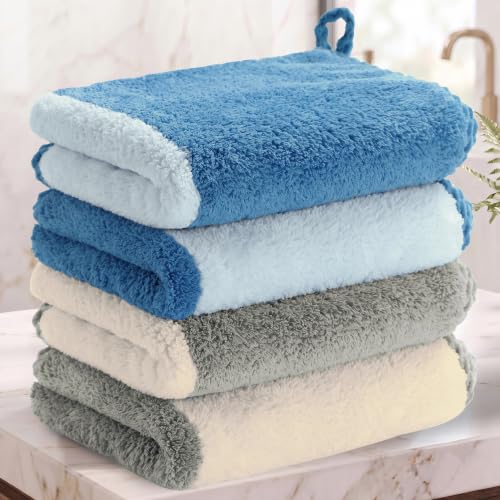 Image of Story@Home 500 GSM Microfiber Hand Towel Set of 4 | Super Soft Color Blocked Face Towel | 60 x 40 cm | Blue & Light Grey | Sensitive Skin Friendly Face Towels for Gym, Travel, Sports, Bathroom