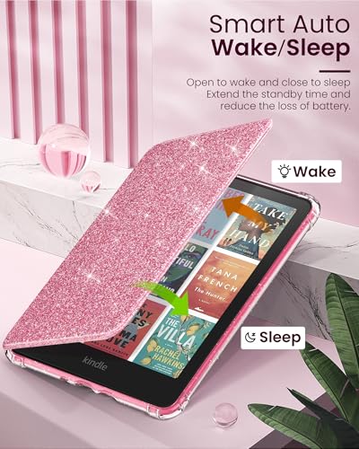 MoKo Hülle für All-new 7 Kindle Paperwhite 2024 12th Gen&Kindle Colorsoft Signature Edition 2024, Ultraklar Weiche Flexible Glitzernde TPU-hülle Leichte Hülle mit Auto Wake/Sleep, Glitzer Rosa