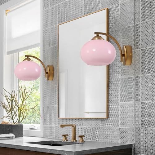 Image of Mid Century Modern Wall Sconce Light Fixture Pink Glass Wall Sconce Lamp Brass Gold Wall Lighting Hardwired Globe Wall Lamp Vintage Bathroom Vanity Light Fixtures