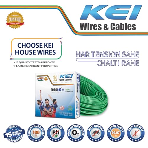 Image of KEI WIRES & CABLES Homecab 2.5 sqmm 1 Core Copper Flame Retardant House Wire PVC Insulated Cable for Domestic & Industrial Electrical Wiring (Green, 90 Meters)