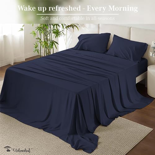 URBANHUT 800 Thread Count Queen Size Sheets Egyptian Cotton, Long Staple, Breathable, 4 Pc Bed Sheet Sets for Queen Size Bedding, Luxury Hotel Sateen Sheets Fits 16" Deep Pocket - Navy Blue