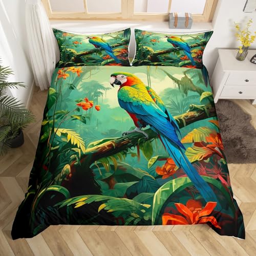 Homewish Housse de Couette 220x240 Perroquet 3D avec 2 Taies d'oreiller, Parure de Lit Jungle Tropicale, Sets de Housses de Couettes Oiseau Coloré, Couvre Lit Feuilles...