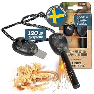 LIGHT MY FIRE Feuerstahl Outdoor Army, 10 mm, 12000 Zündungen, 2-in-1 mit Notfallpfeife, Feuerstahl