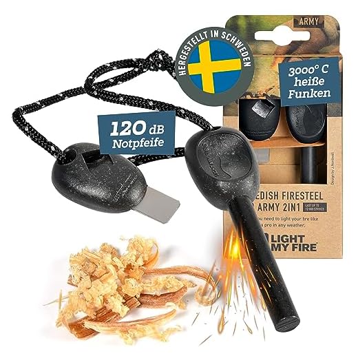 LIGHT MY FIRE Feuerstahl Outdoor Army, 10 mm, 12000 Zündungen, 2-in-1 mit Notfallpfeife, Feuerstahl XXL Survival Gadget Feuerstein Feuerzeug, Ewiges Streichholz mit Bio-basierter Kunststoffgriff