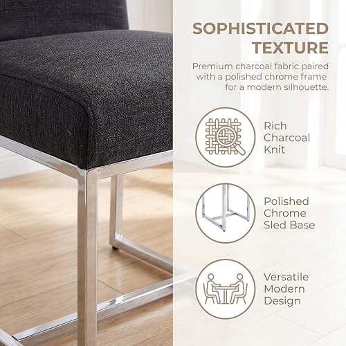 Image of HNY Modern Dining Chairs Set of 4, Upholstered Linen Dining Room Chairs with Ergonomic Back & Polished Silver Metal Frame for Home, Kitchen, Apartment, Charcoal Black