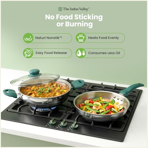 Image of The Indus Valley Triply Stainless Steel Cookware Set of 3 | Kadai 22cm with Glass Lid & Fry Pan 22cm | 100% Toxin-Free | Faster Cooking | Induction Compatible