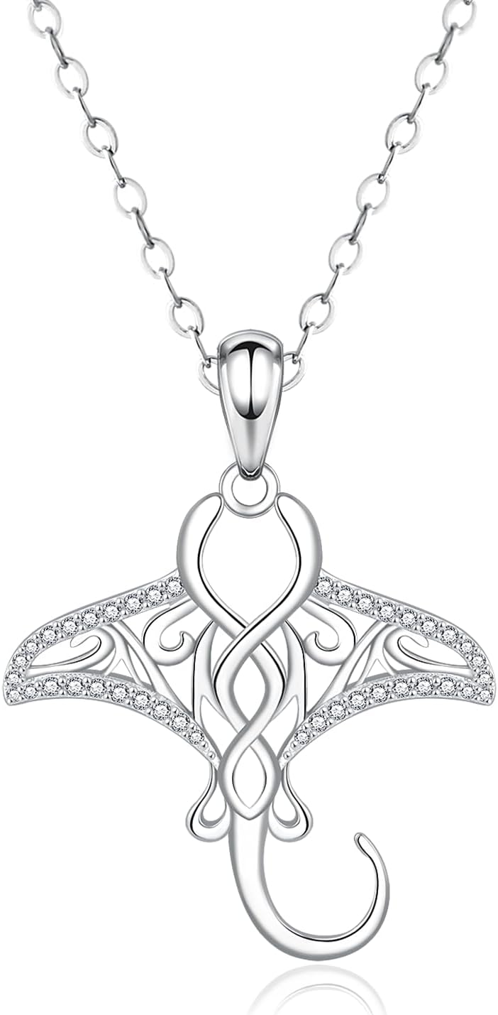 Tufency Manta Ray Necklace for Ocean Lovers - 925 Sterling Silver Hypoallergenic Sea Creature Manta Ray Fish Pendant Necklace Christmas Birthday Jewelry Gift for Surfers Sailors