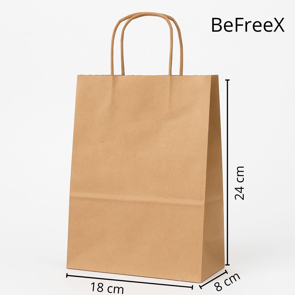 BeFreeX - Bolsas de papel kraft con asa rizada 18×8×24 cm | Packs de 200 y 400 uds | Bolsas para regalo personalizables | Para tiendas, eventos, comercios y regalos (400)