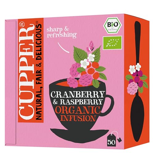 CUPPER - Caja de 50 Bolsitas de Infusiones Ecológicas de Arandano y Frambuesa - Apto para Veganos - Propiedades digestivas suaves - Sin azúcares añadidos