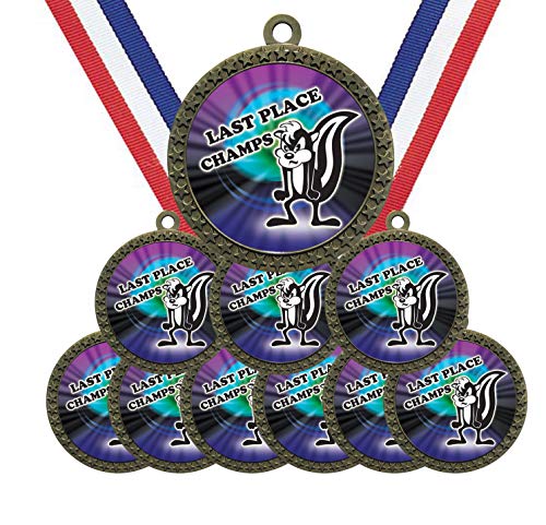 Large 2-1/2 inch Diameter Metal Antique Gold Last Place Loser Skunk Medals Star Award Trophy Champion Winner with Red White and Blue Neck Ribbons (Pack of 10)