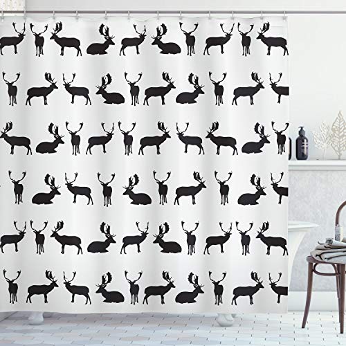 Ambesonne Deer Shower Curtain, Fallow Deer Seating Standing Walking Poses