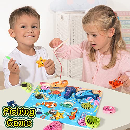 Atoylink 4 in 1 Magnetic Fishing Game Wooden Puzzle Set Kids Ocean Chunky Pegged Puzzles with Erasable Drawing Board, Preschool Toddler Educational Learning Montessori Toys for 1 2 3 Year Old - 12 Pcs - Thumbnail 6
