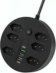 Extensão Tomada, Régua Tomada, Régua de Energia, 6 Tomadas, 3 Interfaces USB, 2 Porta USB Tipo-C, Cabo de Alimentação de 1,9 metros, Suporte a Tensão de 110-220V, Potência de 2500W, Preto (Preto)