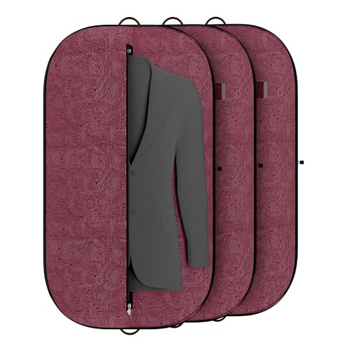 Image of Kuber Industries 3 Pcs Non Woven Blazer Cover with Zip | Hanging Coat Bags for Jacket, Saree, Shirt, Garments Clothes | Unisex Dress Wardrobe Organizer Folding Suit Covers | Emboosed - Maroon