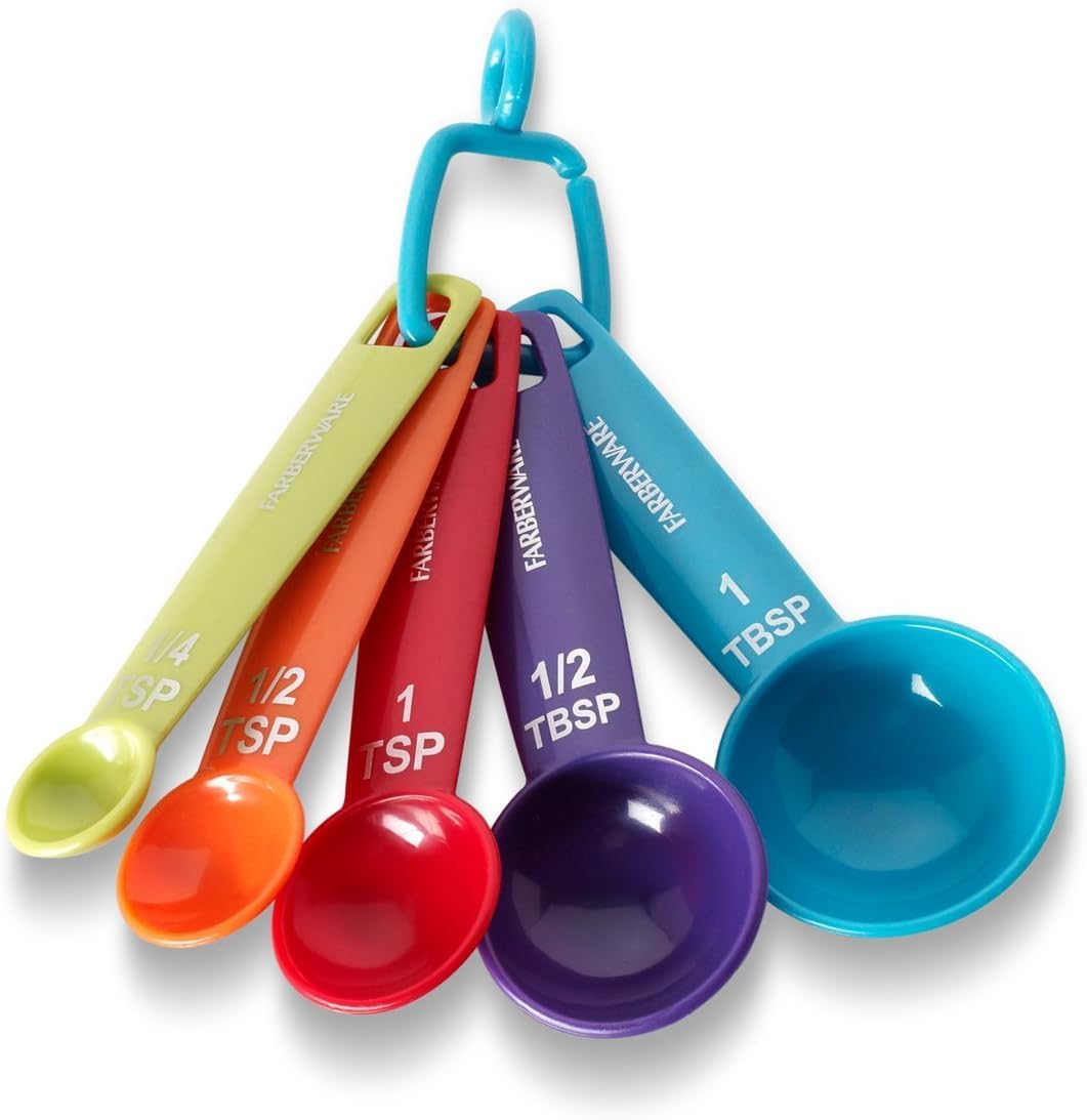 Farberware 5-Piece Color-Coded Measuring Spoons Set - Dishwasher Safe for Wet & Dry Ingredients, Detachable Ring