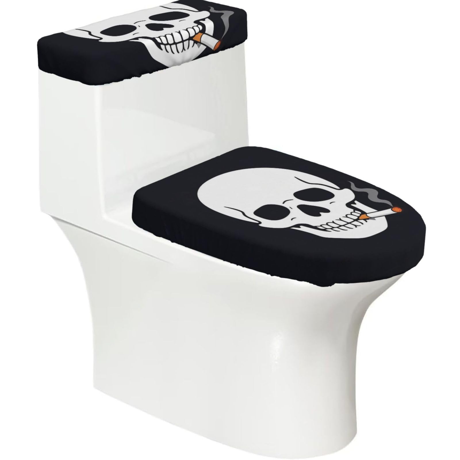 Cntdbu Black Smoke Skull Elastic Toilet Cover Set Of 2-Stretchy Lid And Tank Covers For Bathroom, Soft Washable U Shape Toilet Decor
