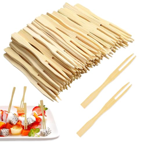 200PCS Wooden Fruit Forks, Two Prongs Fruit Forks Disposable Cocktail Food Picks Bamboo Party Forks Cocktail Food Picks 3.5 Inch Blunt-end Forks for Home and Party