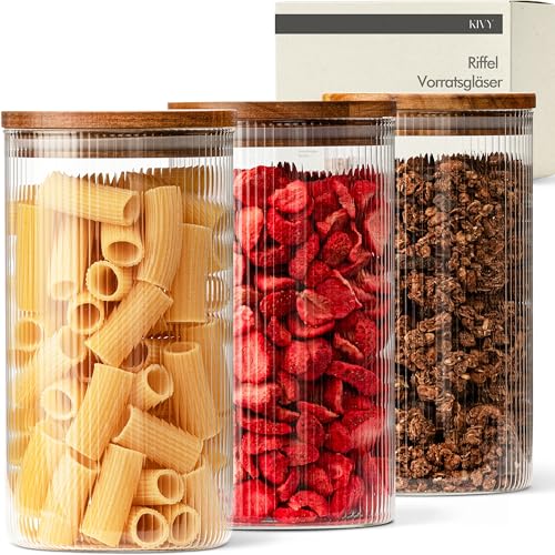 KIVY Riffel Vorratsgläser mit Deckel Luftdicht [3x 1200ml] - Vorratsdosen Glas mit Deckel - Glasbehälter mit Deckel - Müsli Aufbewahrung Küche - Vorratsglas mit Holzdeckel - Vorratsbehälter Glas