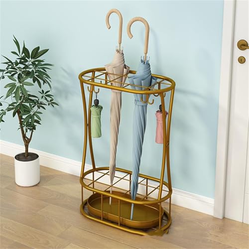 傘立て おしゃれ スリム 長傘 折り畳み傘 11傘の穴8フック玄関 北欧 大容量 水受けトレイ付き 傘だて 玄関収納 玄関廊下装 飲食店 店舗 学校 会社 屋内 屋外 業務用 自宅用 (ゴールド)