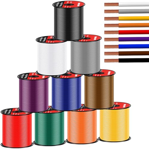 Gisafai 10 Pcs Wire 100 ft Per Roll (1000 ft Total) Automotive Primary Wire Spools Copper Clad Aluminum Primary for 12v Automotive Harness Car Audio Video Wiring(18 Gauge)