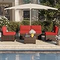 VONZOY Patio Furniture Set, 5 Pieces Outdoor Sectional Sofa Set, PE Wicker Rattan Slanted Back Outdoor Conversation Set with Cushions and Glass Coffee Table, Wine red
