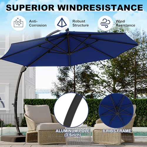 11FT Cantilever Patio Umbrella With Base Included, Cantilevers Outdoor Umbrella Heavy Duty Offset, Aluminium Curved Cantilever Umbrella